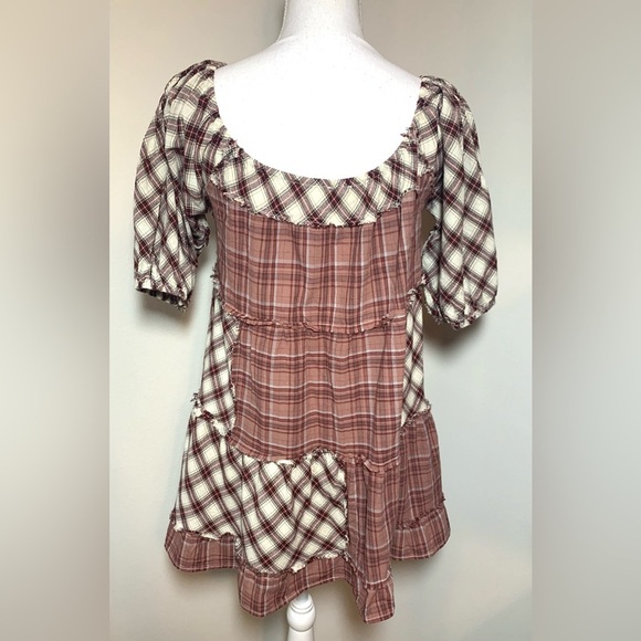 POL Boho Plaid Tiered Patchwork Tunic Peasant Puff Sleeves Women Small NWOT - Picture 2 of 5
